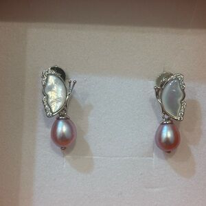 Pink Seedless Pearl On Sterling Silver Butterfly Earrings